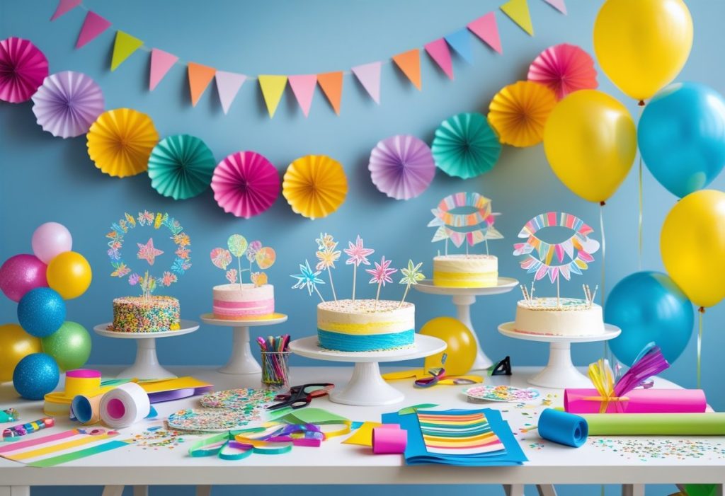 DIY decoration for birthday with paper garlands, balloons, and cake toppers