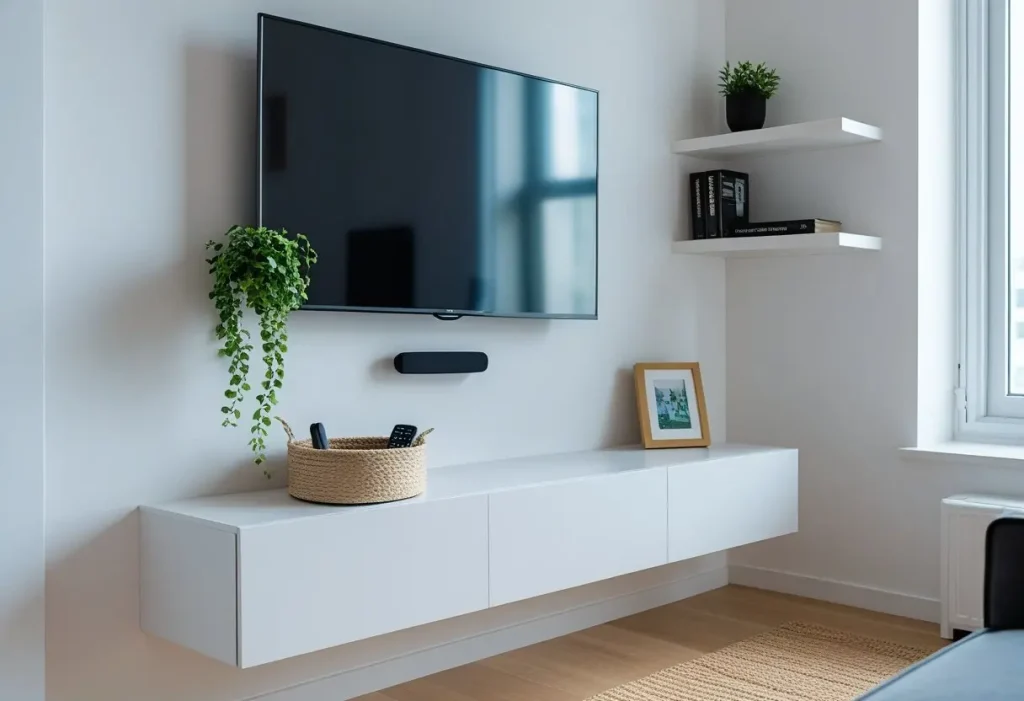 Small space living room with wall-mounted TV unit decor and floating shelf.