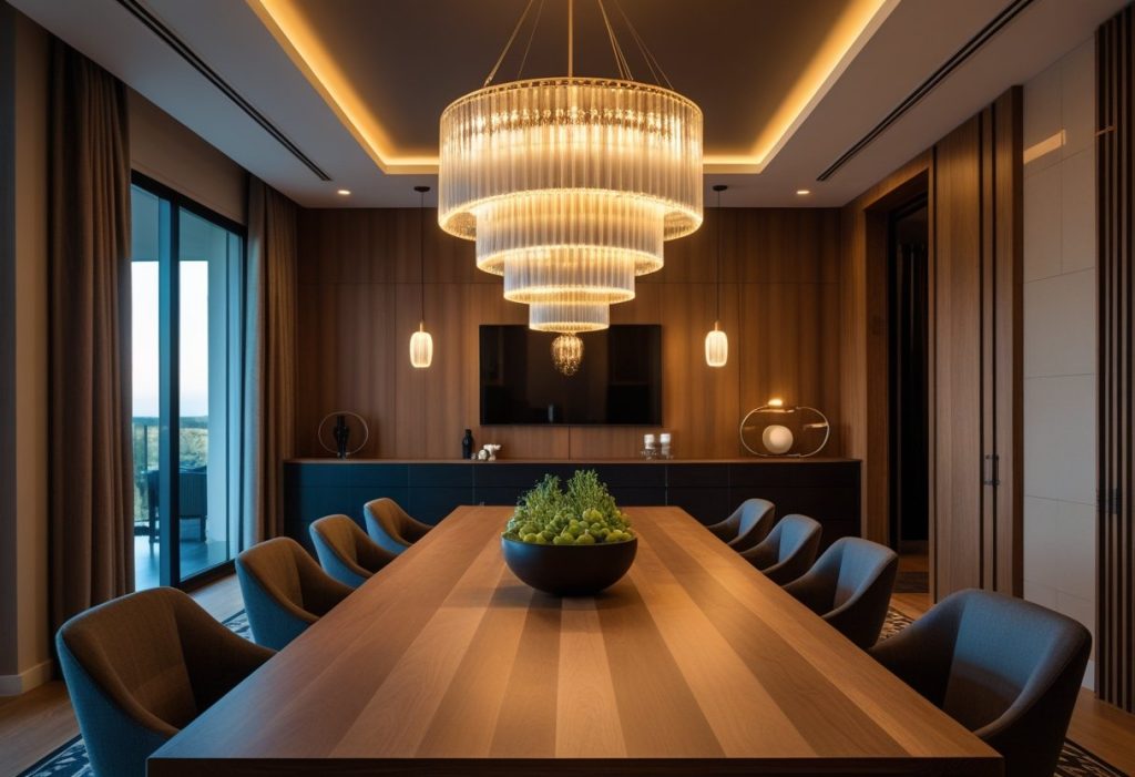 Statement chandelier lighting a stylish dining room with wooden table
