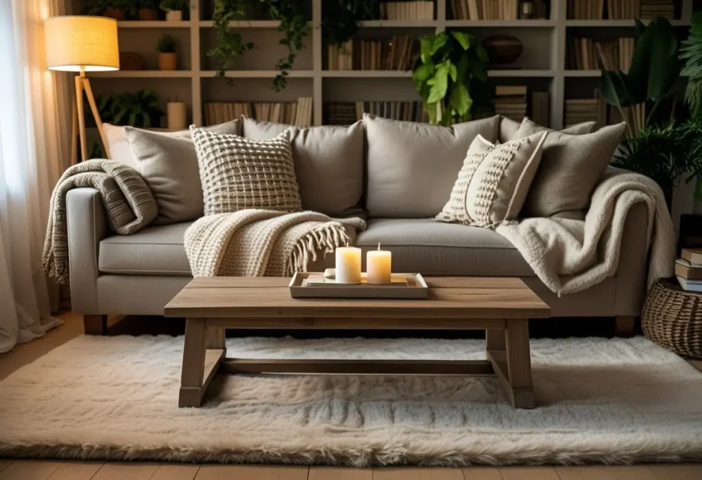  cozy living room setup with sofa rug and warm lighting