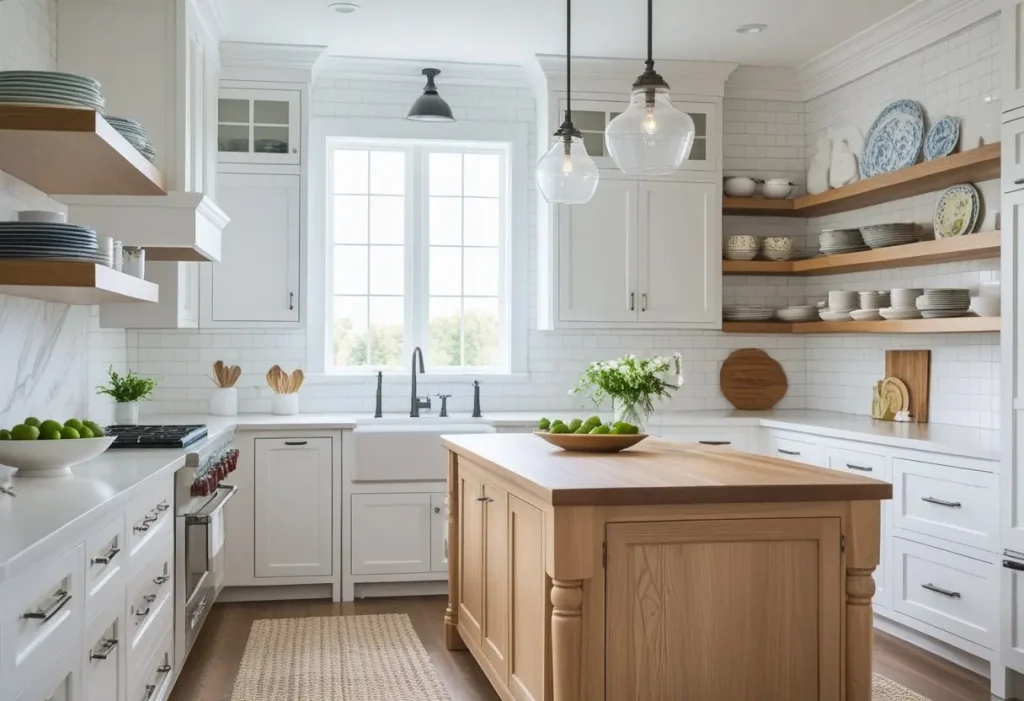 Modern farmhouse kitchen with dream house decor featuring island and pendant lighting.