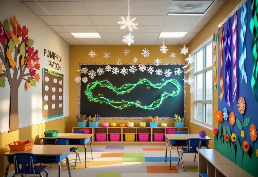 Seasonal classroom decorations ideas with fall gratitude tree, pumpkin patch, winter snowflakes, northern lights, and spring garden displays.