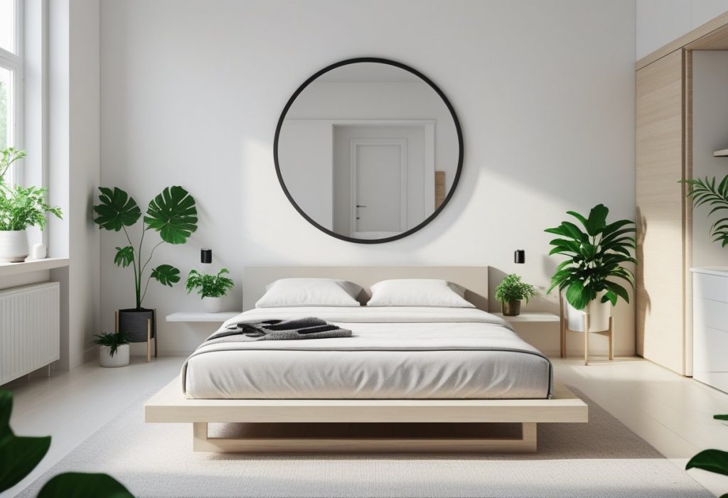 minimalist round mirror wall decor in bedroom