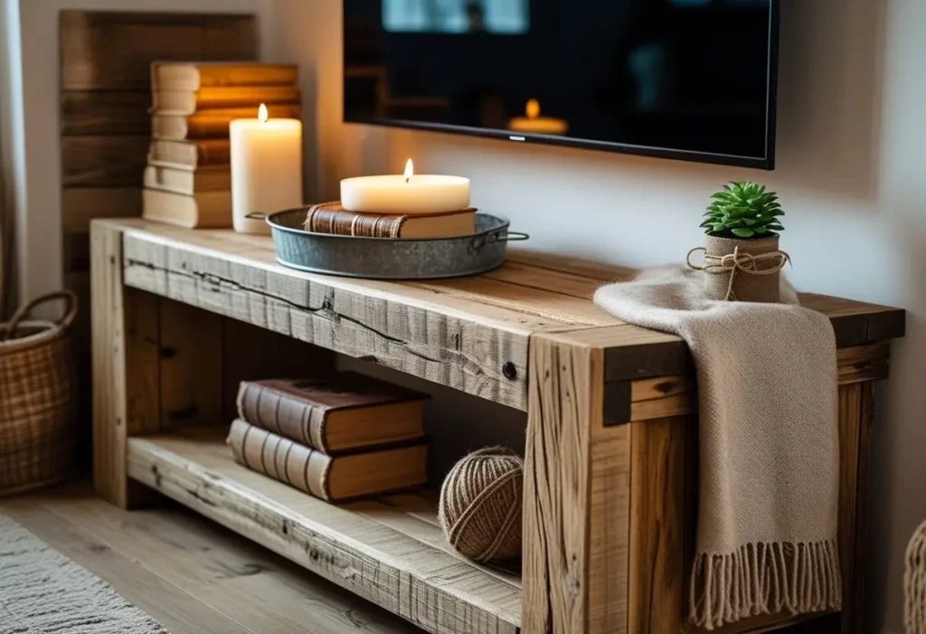 Rustic tv stand decor with reclaimed wood and metal lantern.