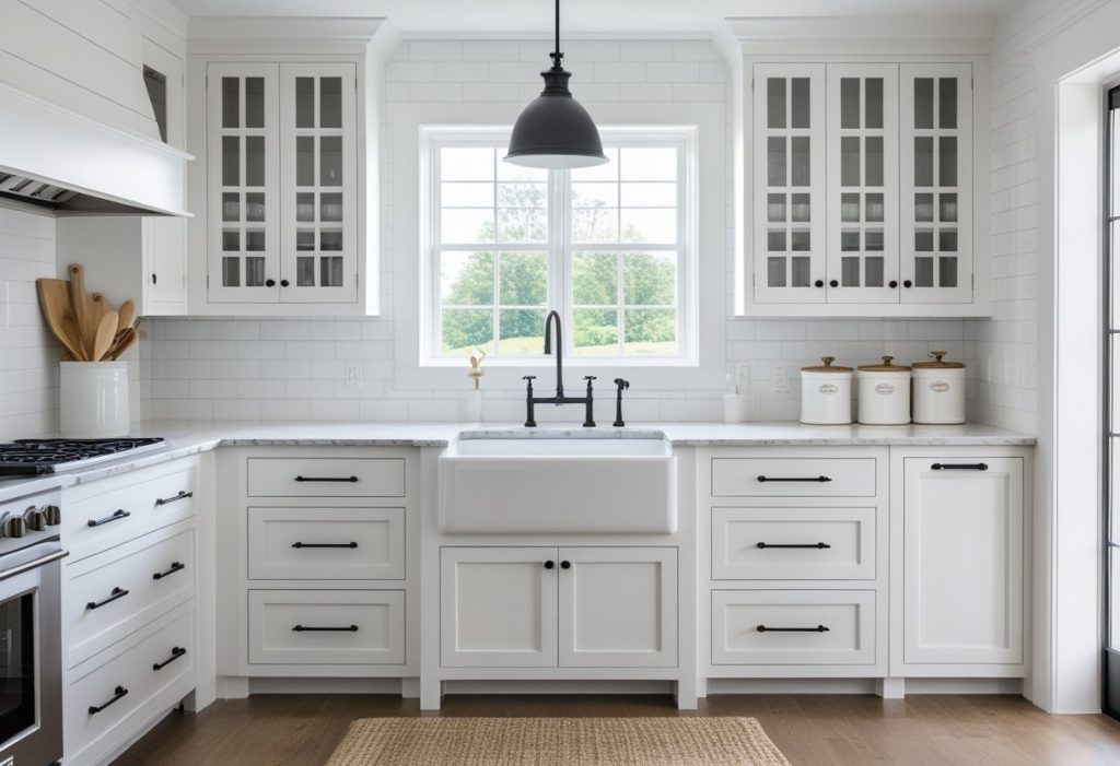 Charming modern farmhouse kitchen decor with shaker cabinets and a farmhouse sink.