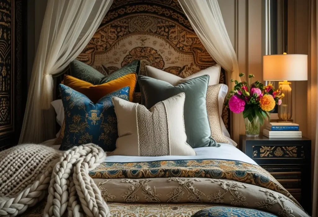cozy maximalist decor bedroom with layered bed and patterned textiles.