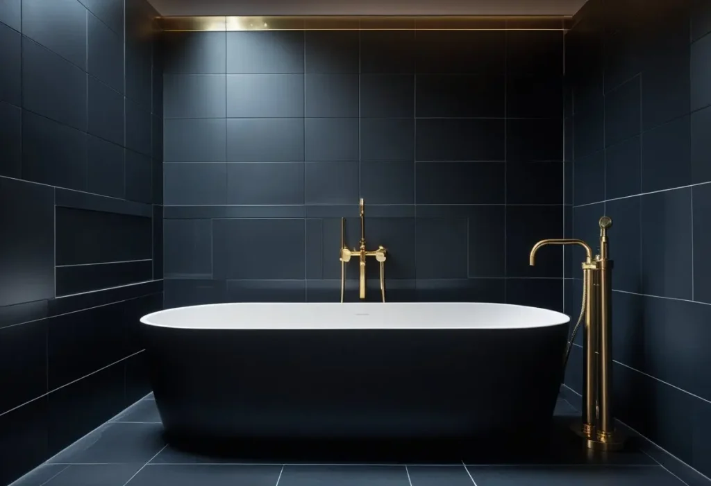 luxurious dark home decor bathroom with tub and brass fixtures