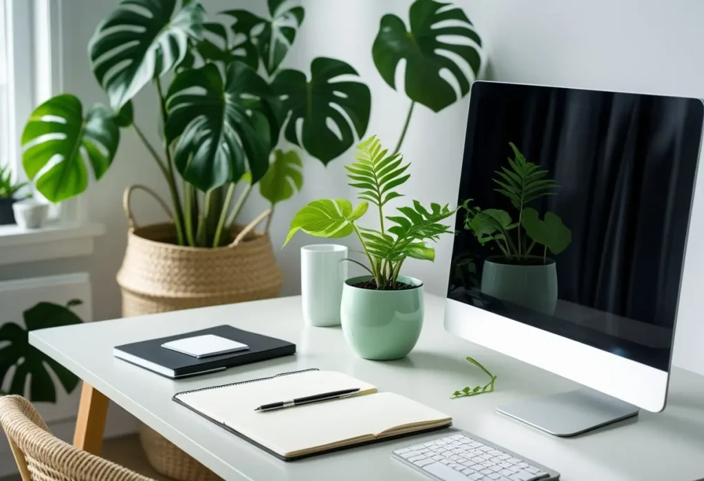 A modern home office with a Pilea plant on the desk and a Monstera on the floor as part of its house plants decor scheme.