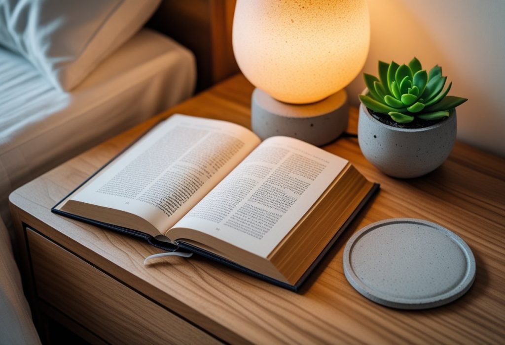 Bedroom decor ideas with accessories including a lamp, books, and plants.