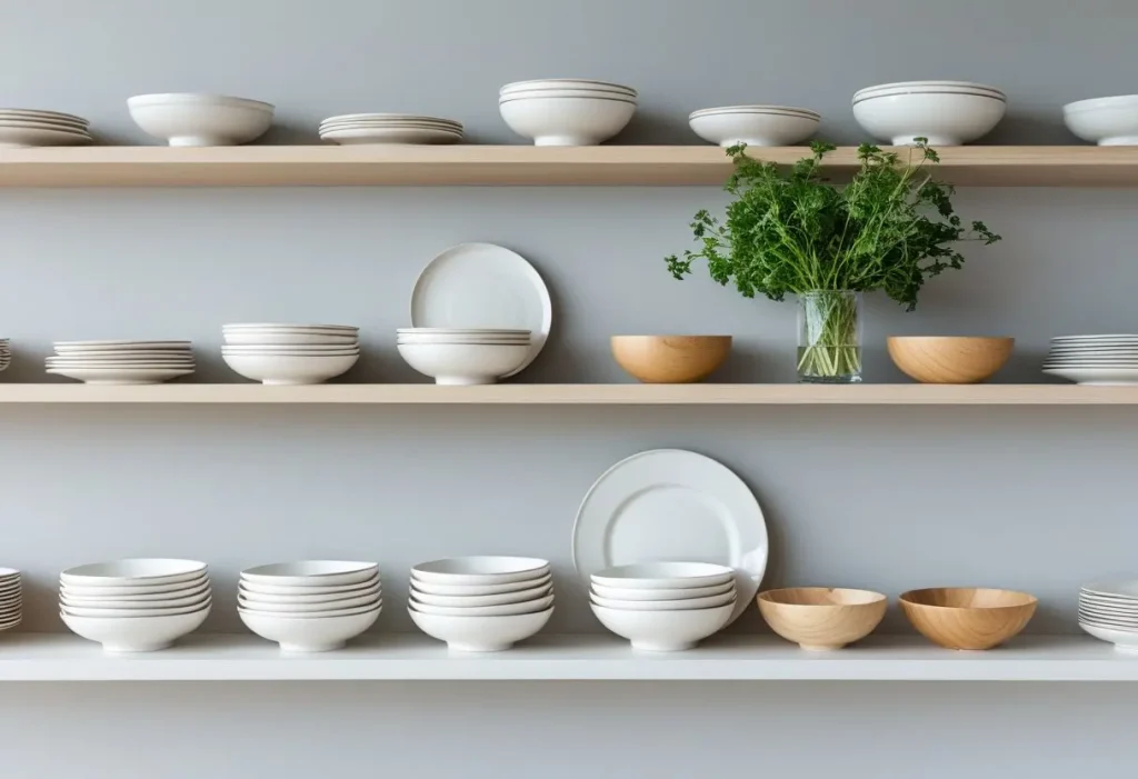 Kitchen wall decor with arranged ceramic plates on open shelving.