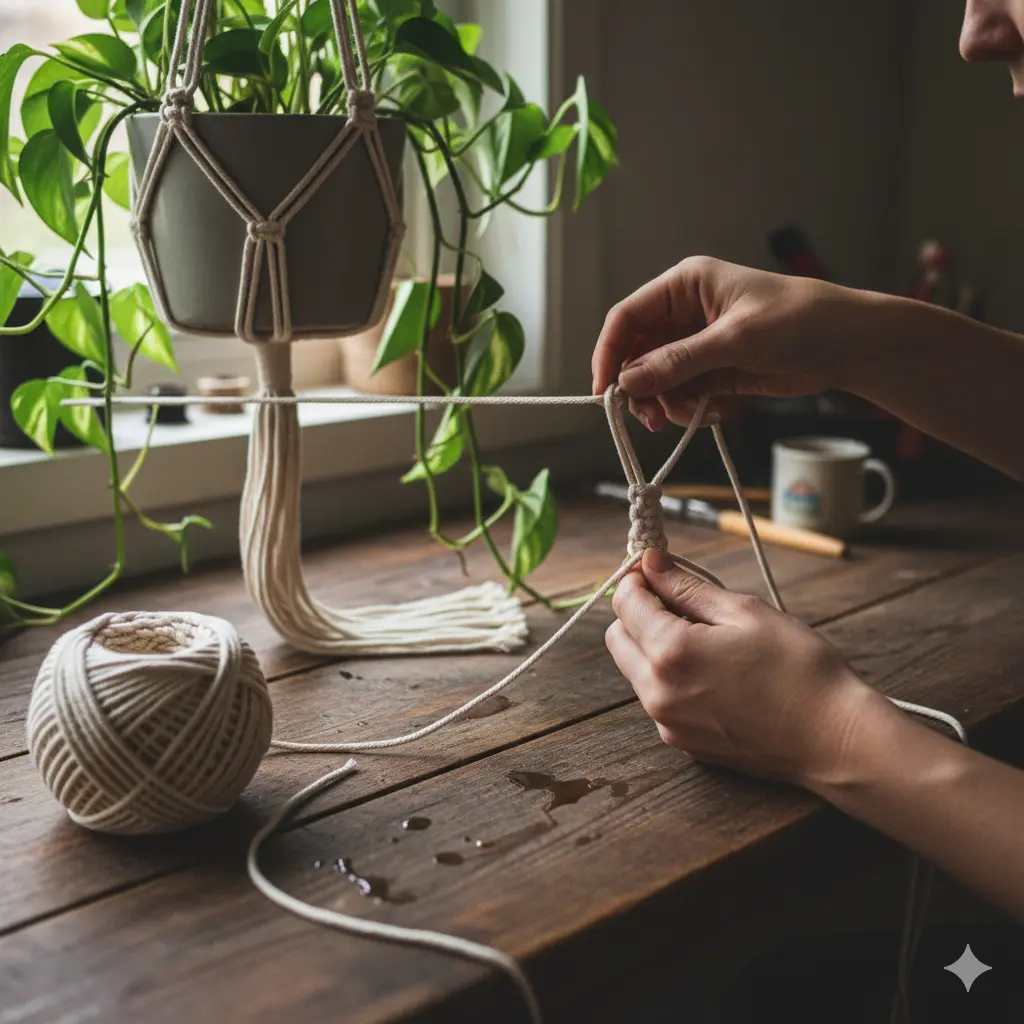 DIY macrame plant hanger project for Green House Decor