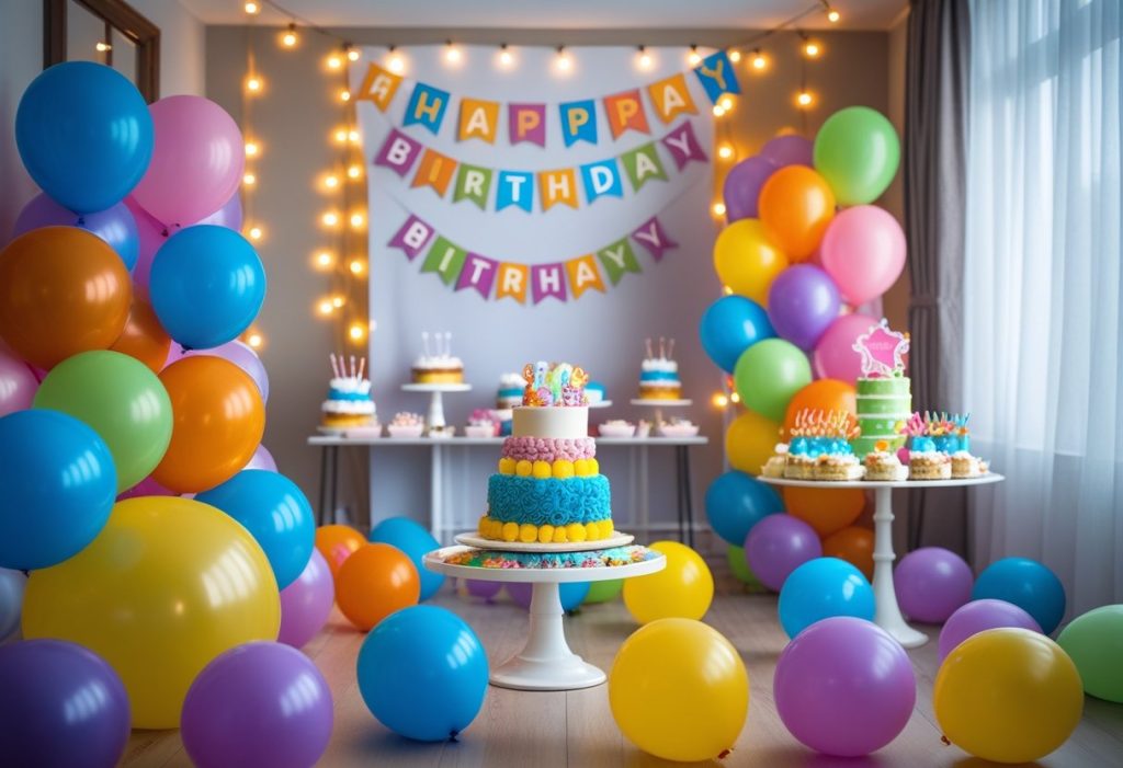 Decoration for birthday at home with balloons, banners, and cake table