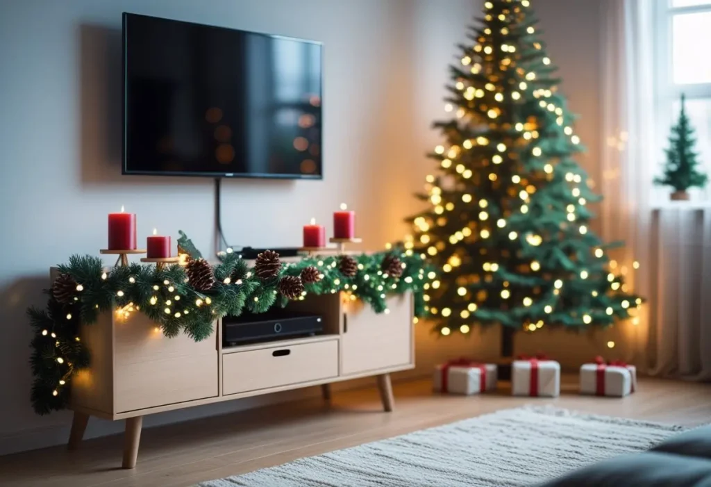  Christmas TV unit decor with pine garland, berry candles, and holiday books.