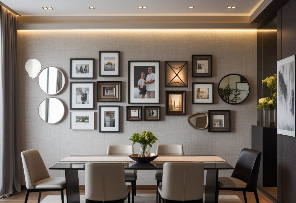 Modern dining room wall with gallery art and mirrors enhancing decor