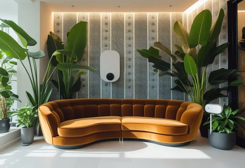Modern room displaying 2024 dream house decor trends with plants and curved sofa.