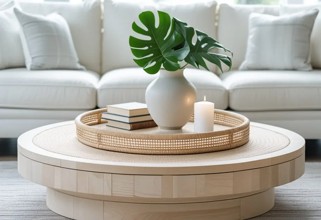 round coffee table decor with woven tray, monstera leaf, and books.