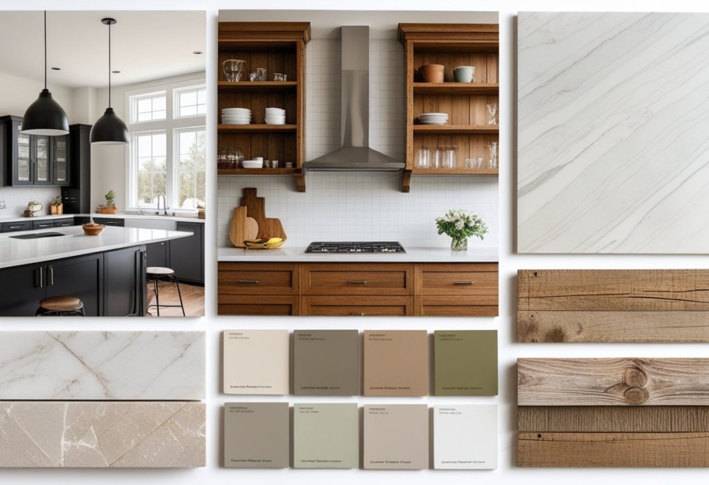 Kitchen decor style inspiration mood board with modern, rustic, and farmhouse ideas.