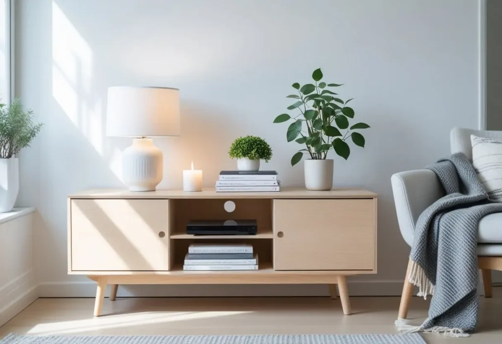 Scandinavian tv stand decor with light wood and cozy textiles.
