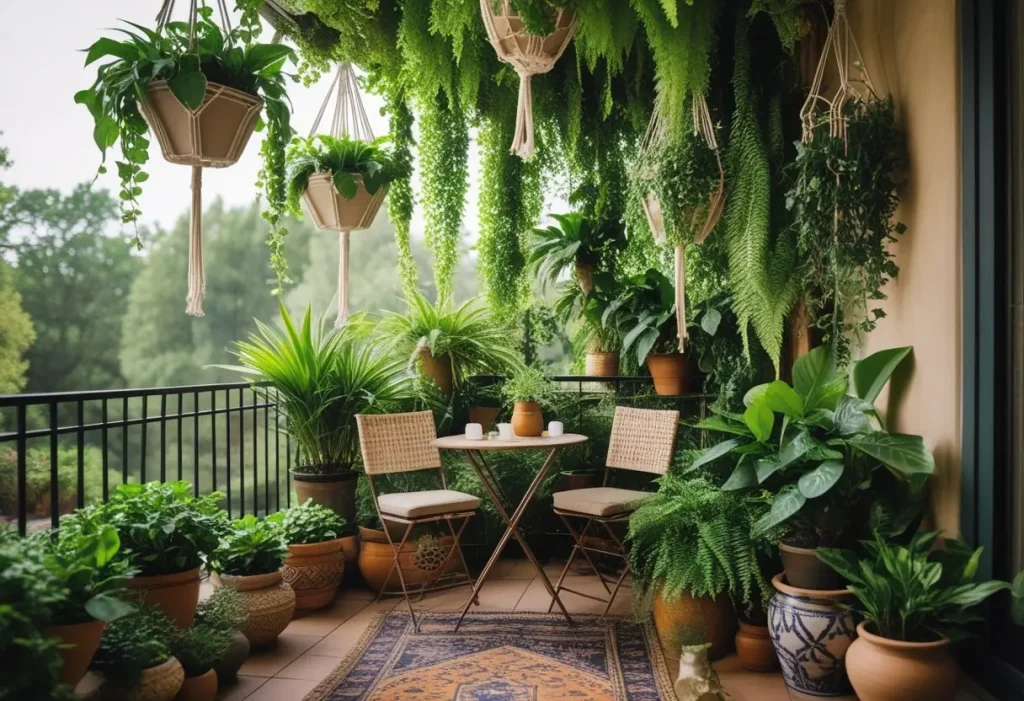 A lush bohemian balcony with an abundance of house plants decor creating a private, urban jungle oasis."