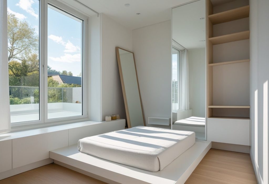 Small bedroom decor ideas using a large mirror to create the illusion of space.