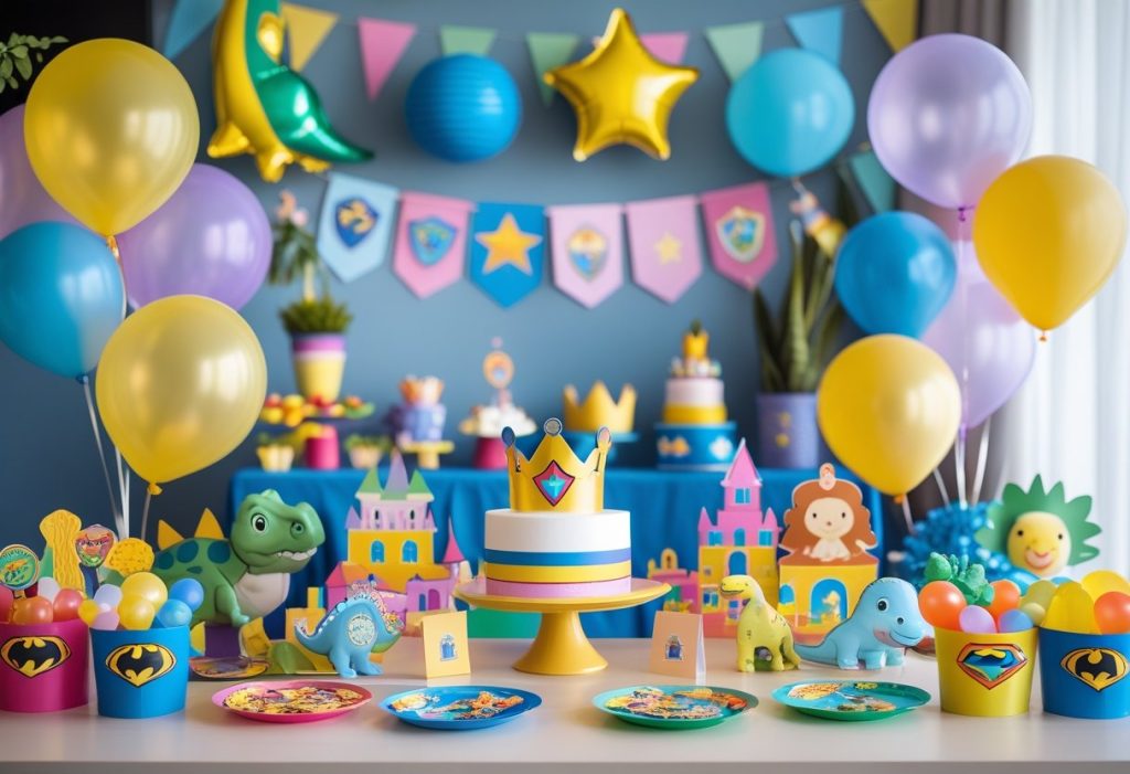 Kid-friendly decoration for birthday with balloons, banners, and themed props