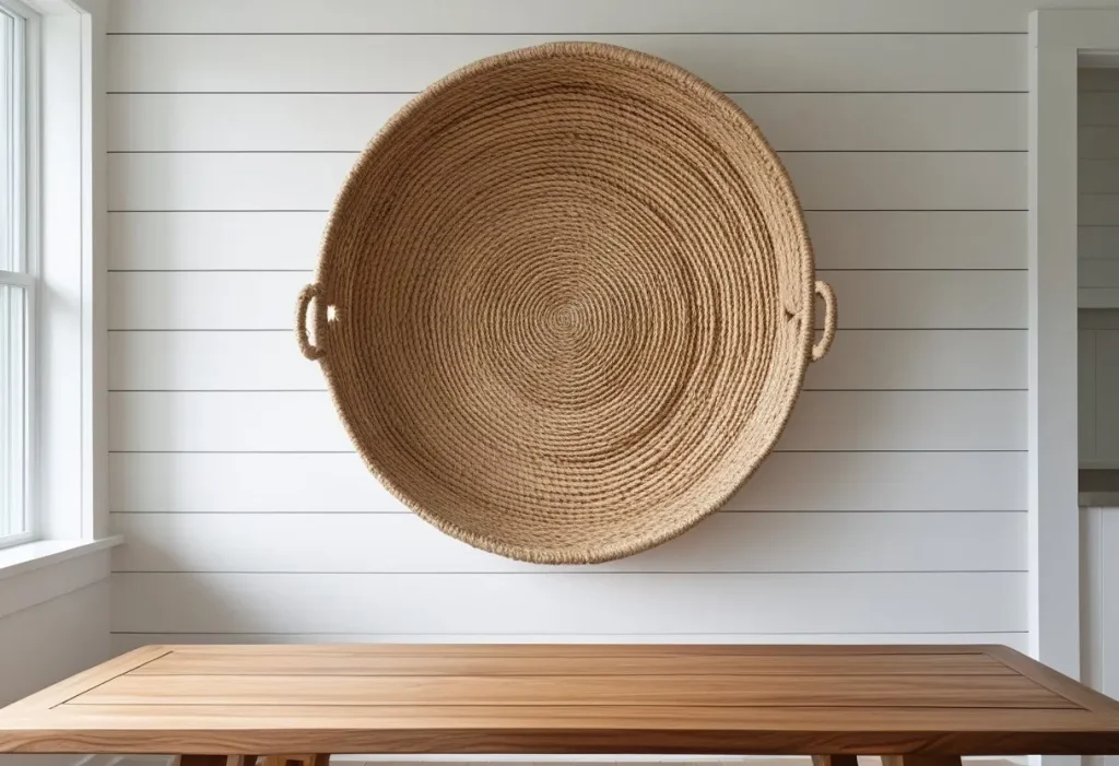 Large natural woven basket as wall art in a dining room.