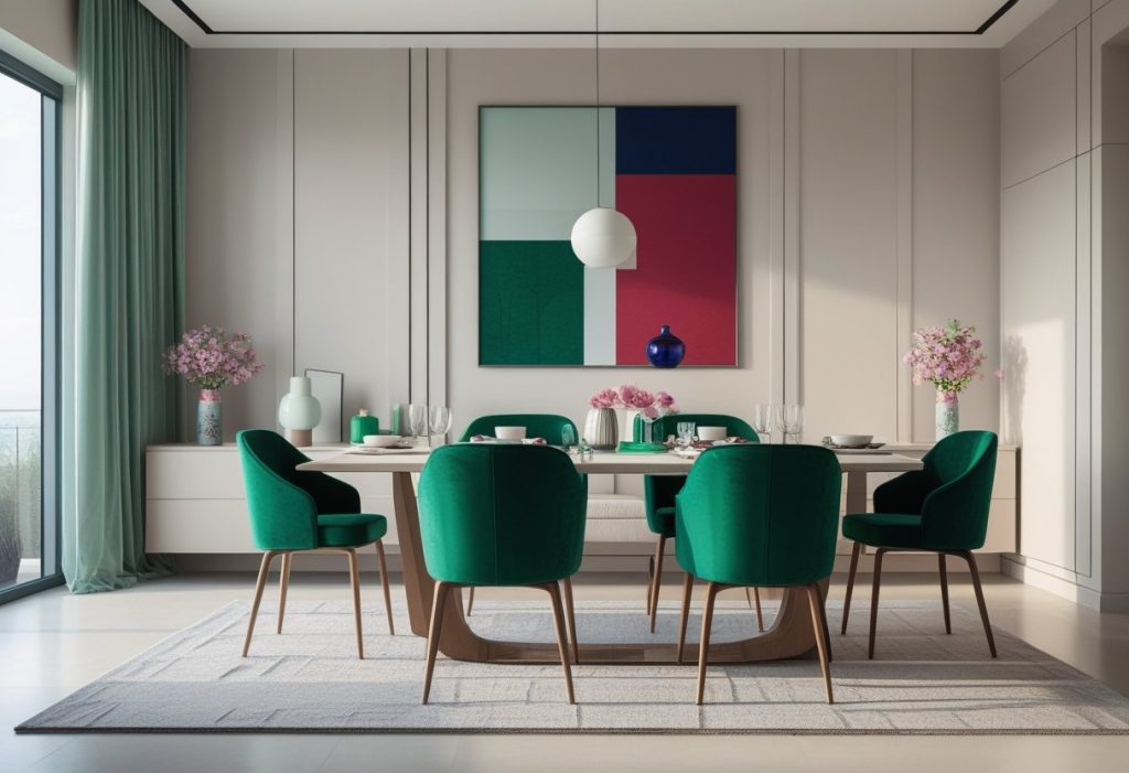 Dining room showcasing neutral, pastel, and bold color combinations