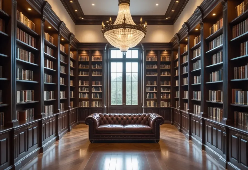  Luxurious home library with custom built-in dream house decor.