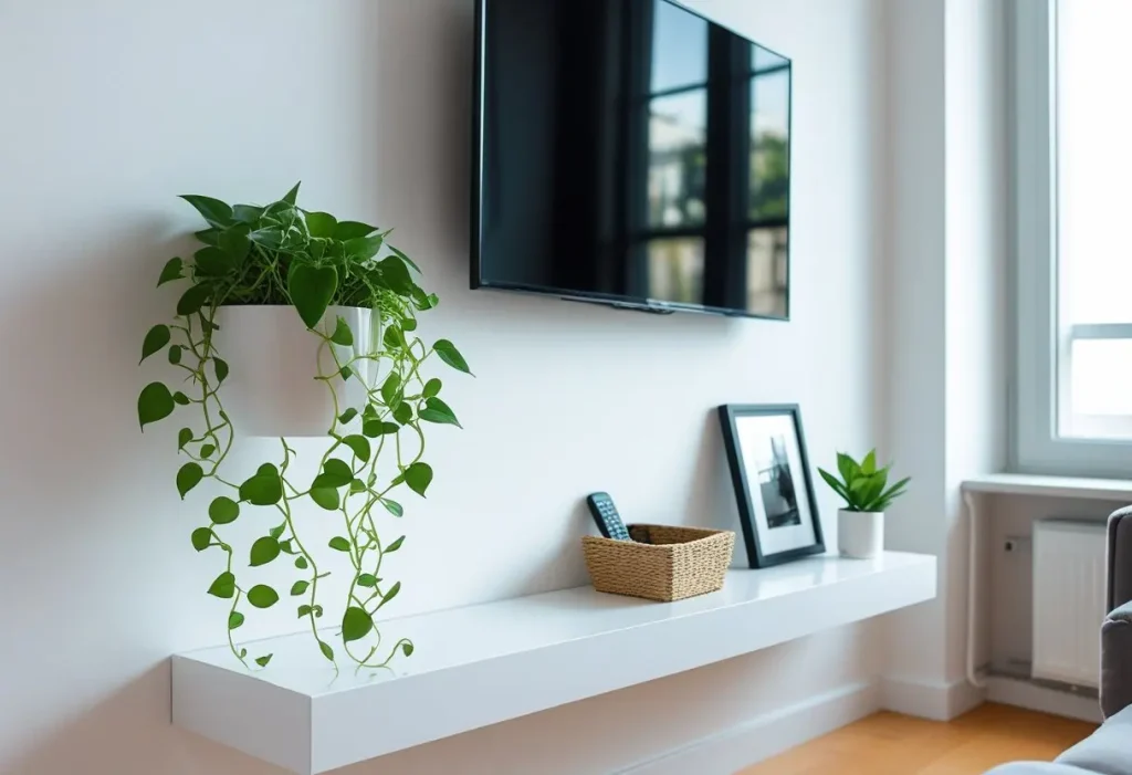 Small space tv stand decor on a white floating console.