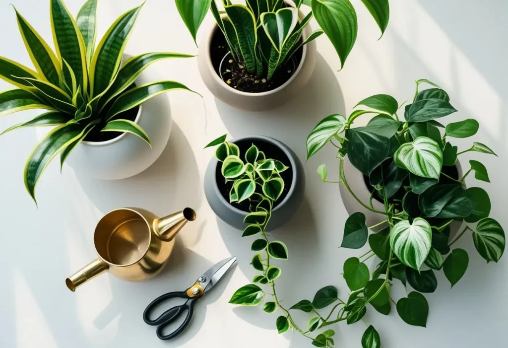A styled flat lay of house plants decor featuring a Snake Plant, Pothos, and ZZ Plant in complementary neutral ceramic pots.
