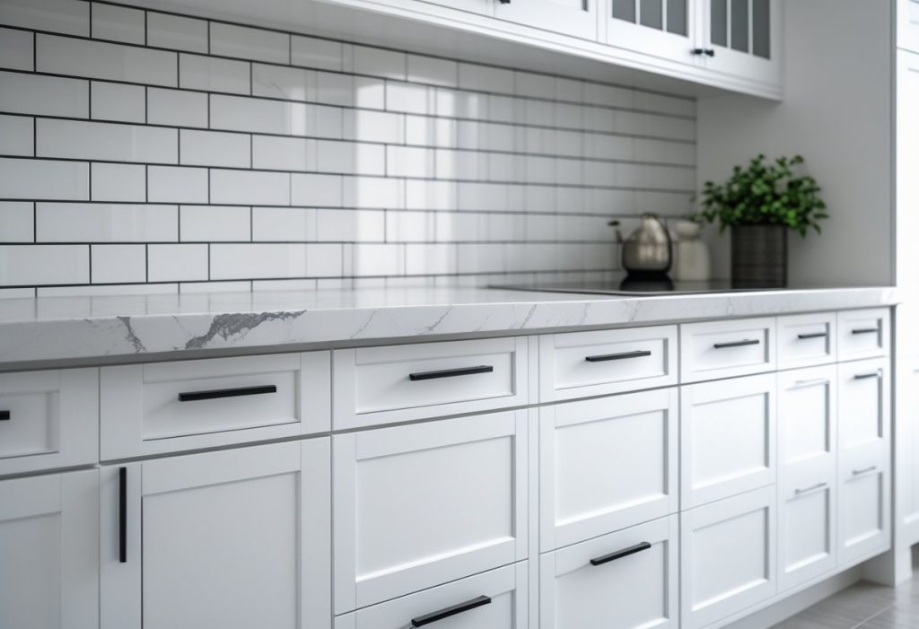  Detailed view of stylish kitchen decor with shaker cabinets, marble, and subway tile.