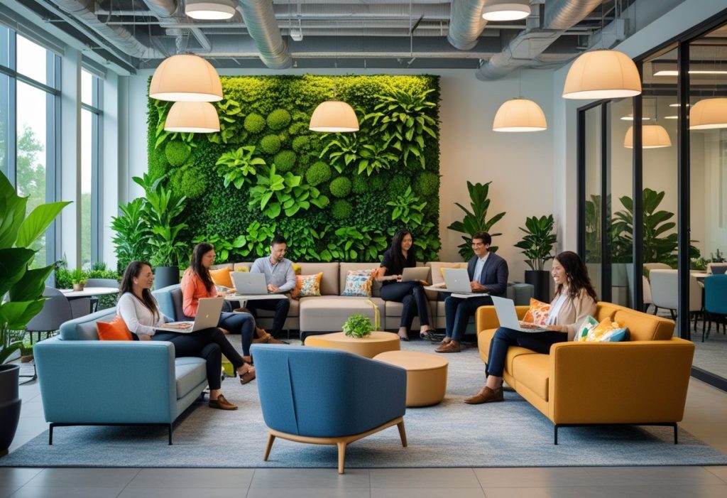 A modern corporate office decor lounge with a living green wall and comfortable seating for collaboration.