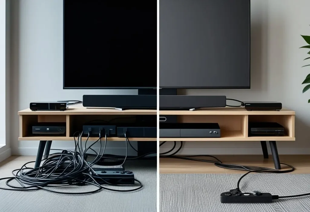 Before and after tv stand decor cable management.
