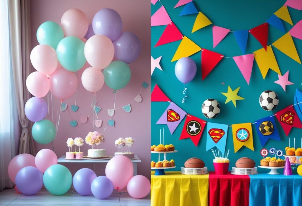 Decoration for birthday for girls in pastels and boys with superhero themes