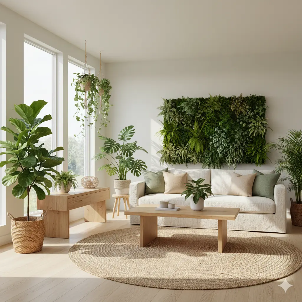 Living Room Green House Decor with eco-friendly furniture and plant