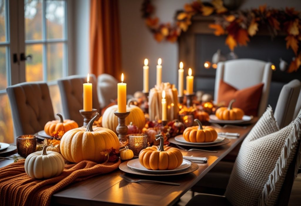 Autumn-themed dining room decor with warm colors and cozy elements