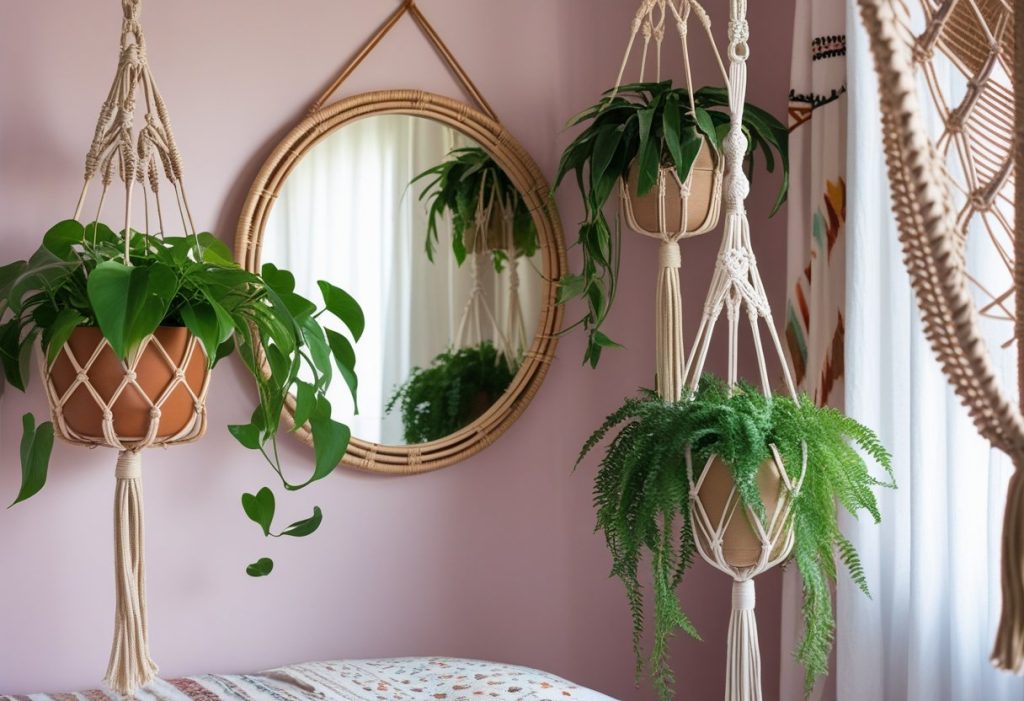 boho rattan mirror wall decor in bedroom