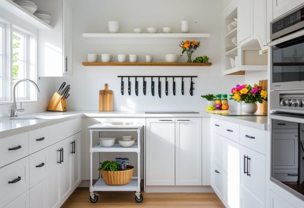 Smart and stylish small kitchen decor solutions with open shelving and a cart.