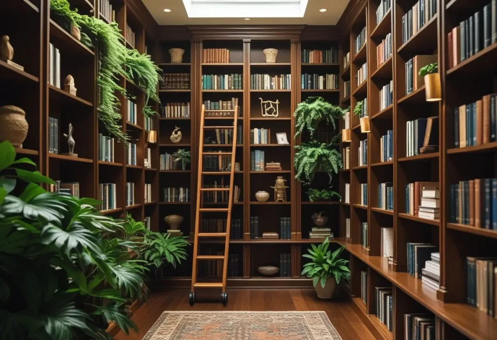 Built-in bookshelf wall design with books, plants, and decor.