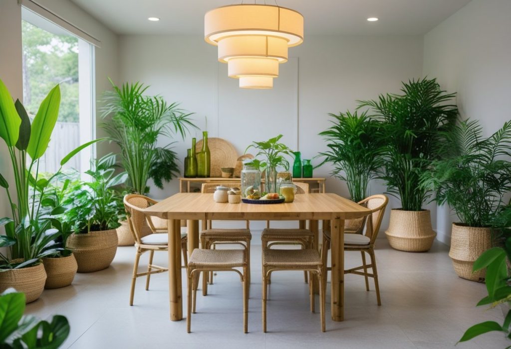 Sustainable dining room decor with bamboo furniture and plants