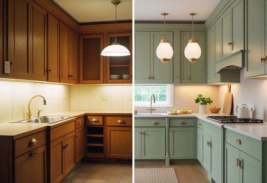 Budget kitchen decor transformation with painted cabinets and new hardware.