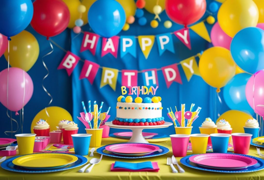Essential decoration for birthday with balloons, banners, tableware, and lights