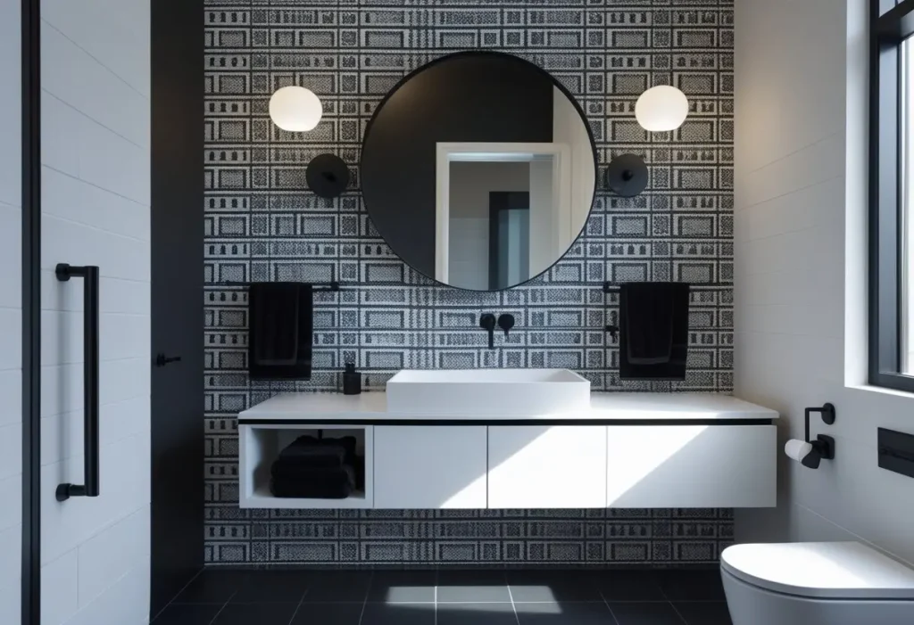 Black and white geometric wallpaper accent wall in a bathroom.
