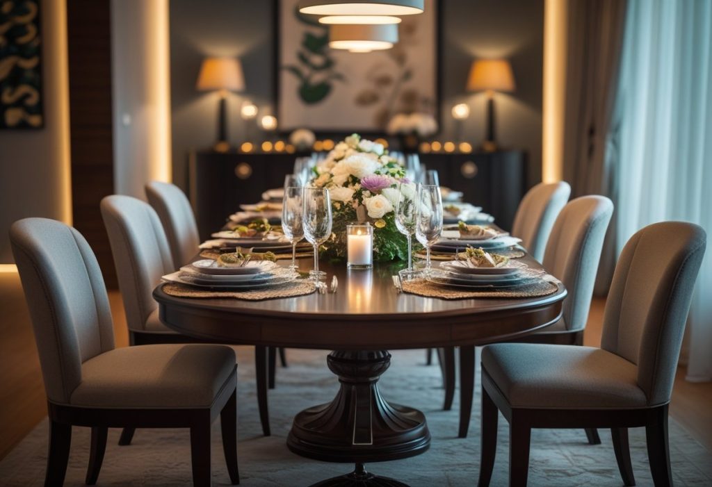 Stylish and elegant dining room decor with cozy lighting and decorated table
