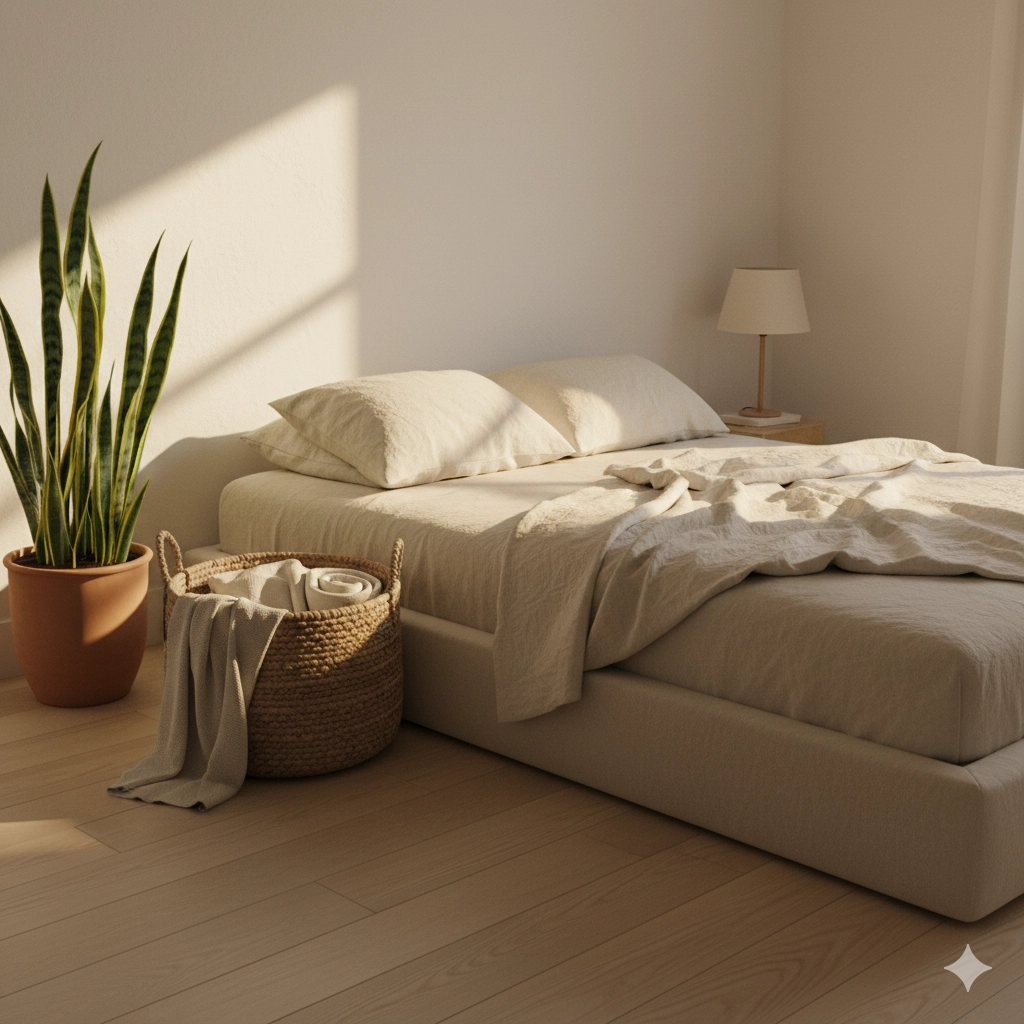 Green House Decor bedroom with organic bedding and air-purifying plants”