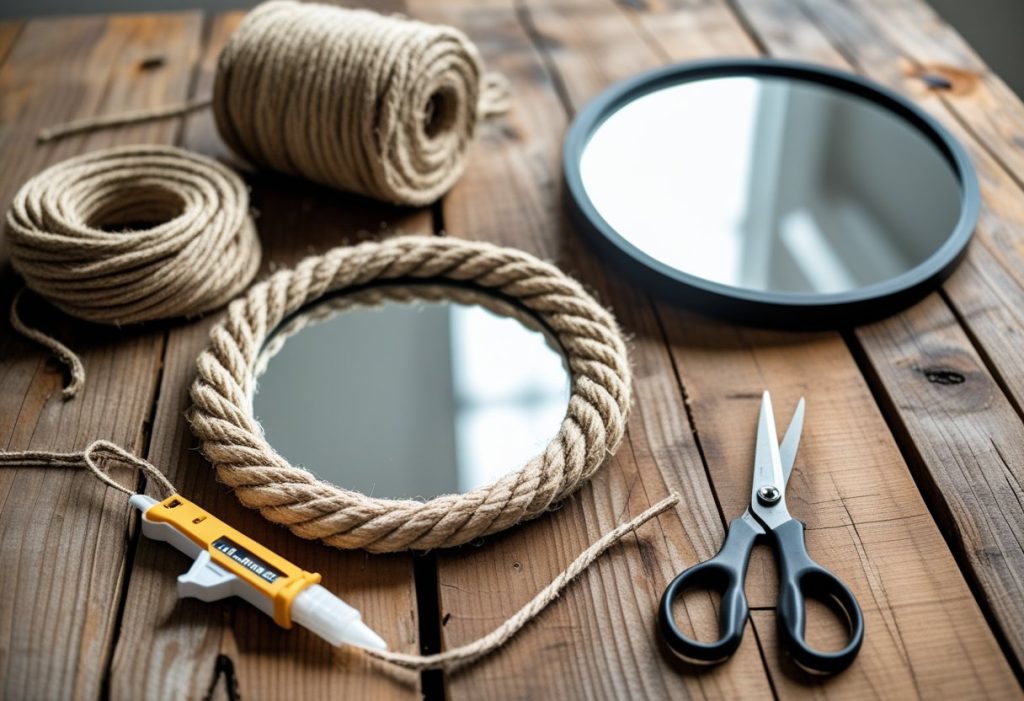 DIY jute rope mirror wall decor project