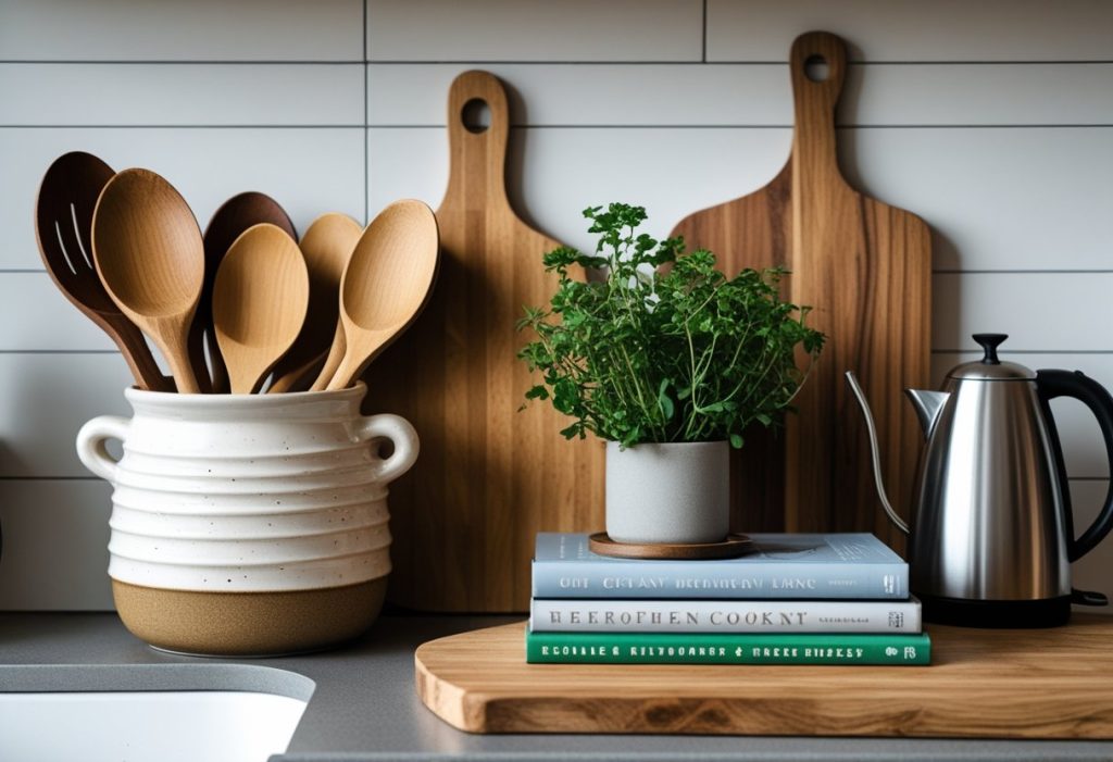 Stylish kitchen decor accessories with functional and natural elements.