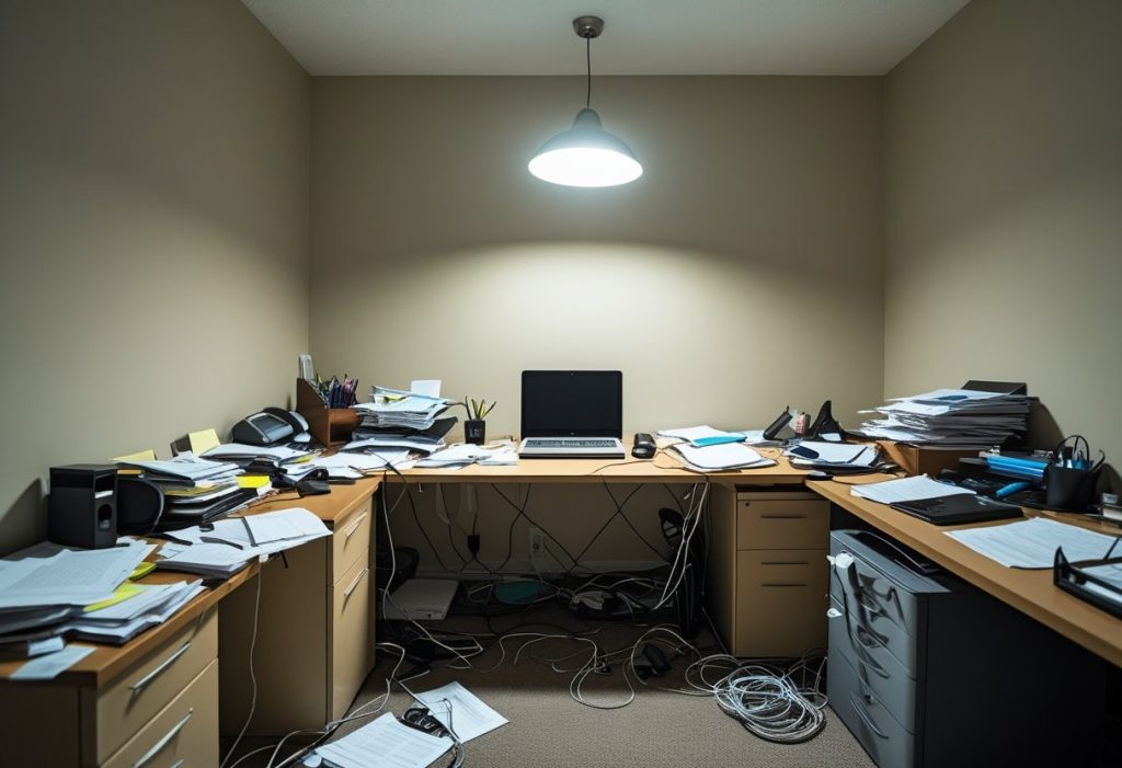 Example of poor office decor with clutter, bad lighting, and messy cables to avoid.