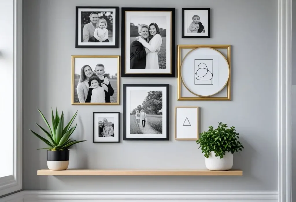  DIY wall decor gallery wall with mixed frames, photos, and a mirror on a light gray wall.