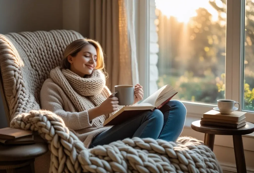 A serene and inviting cozy corner reading nook with soft lighting and comfortable textiles.